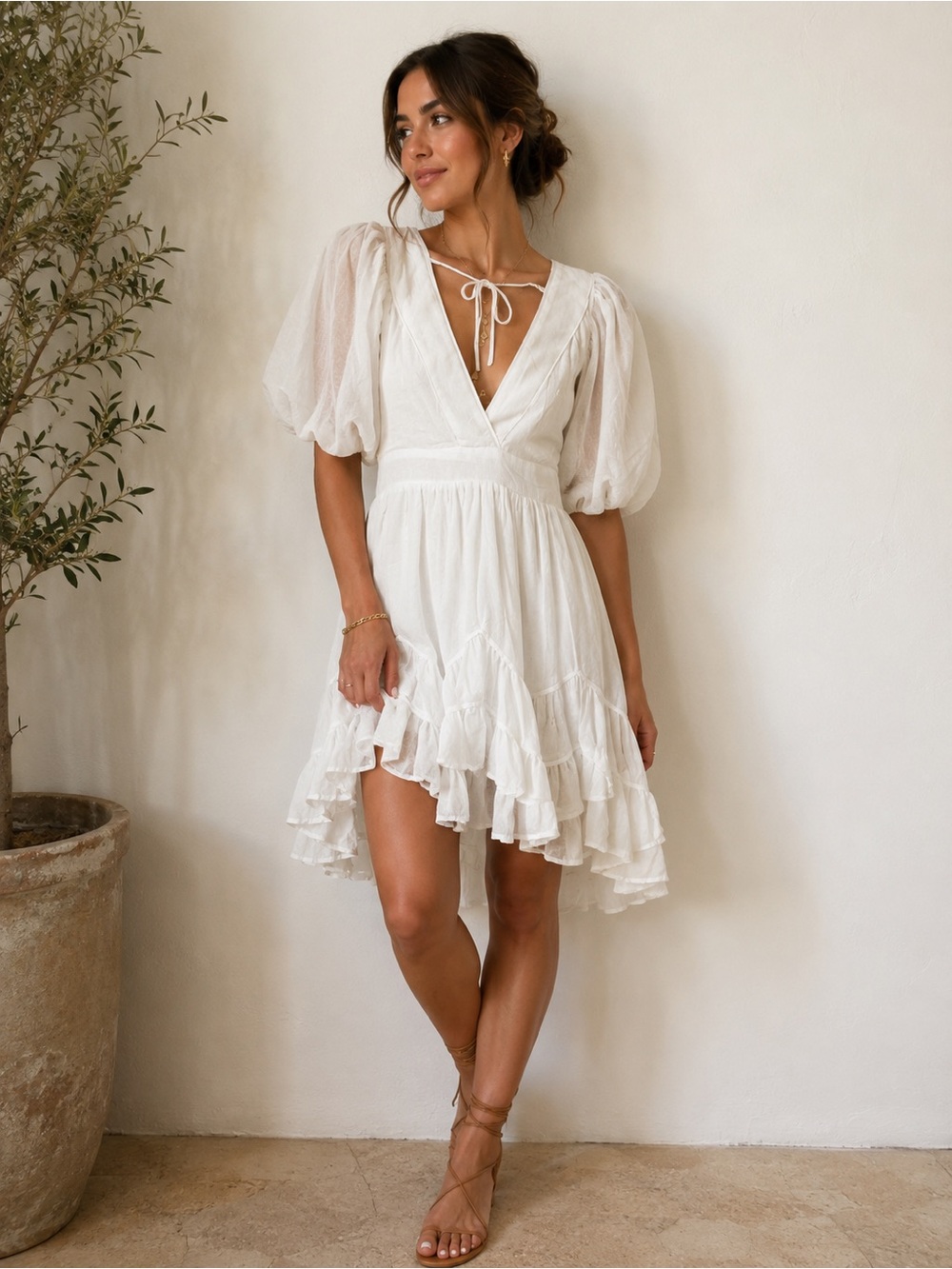 Storia White V-Neck Puff Sleeve Ruffle High-Low Dress